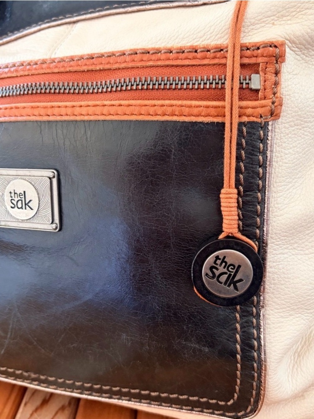 The Sak Colorblock Leather Tote Shoulder Bag Cream Brown Navy Work - Picture 2 of 10